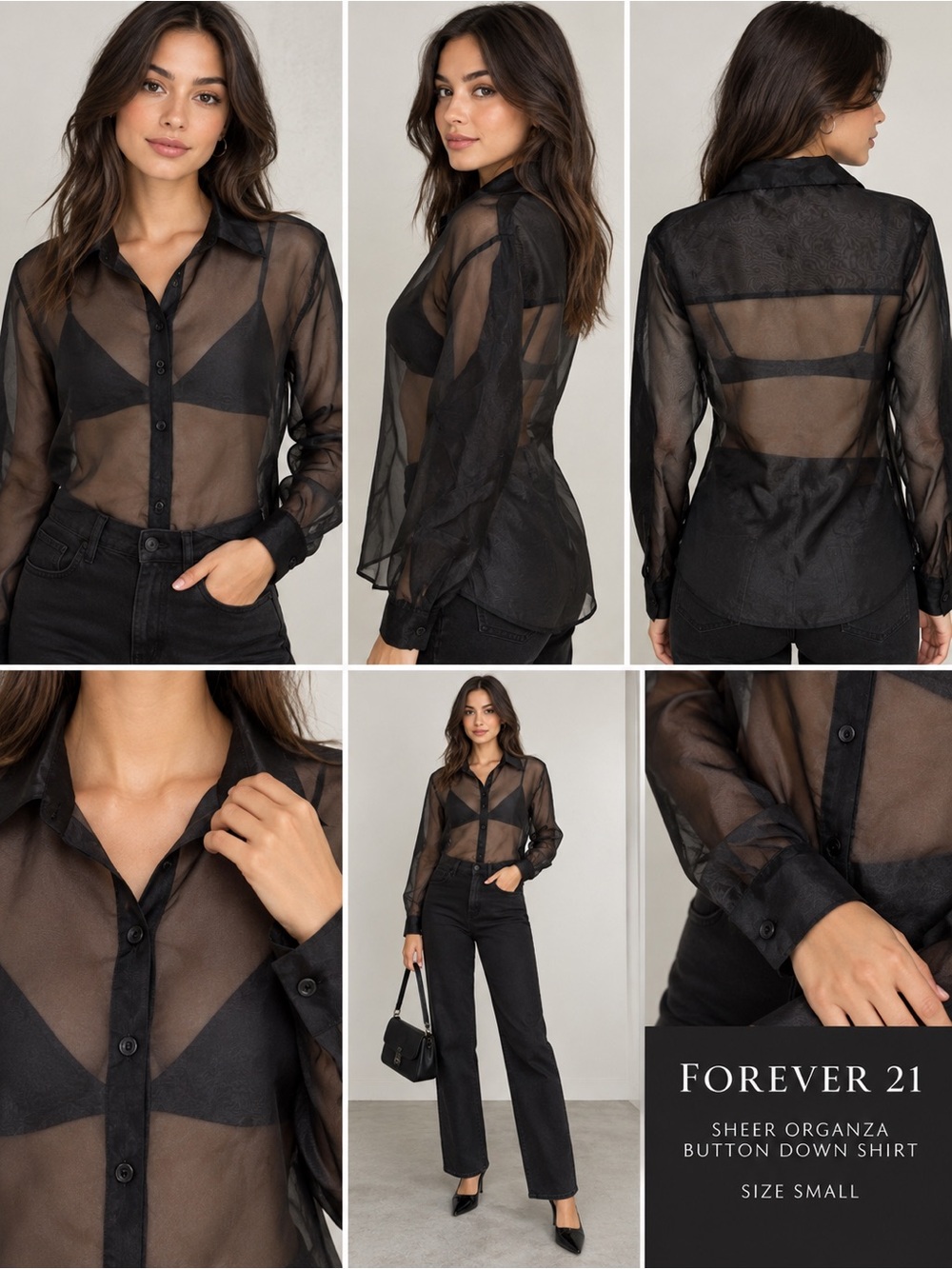 Forever 21 Black Sheer Organza Button Down Shirt Blouse S NWT
